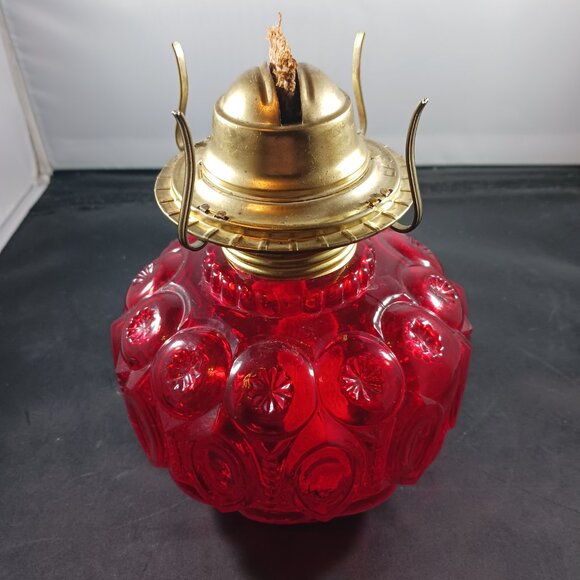 Vintage L.E. Smith Moon & Star Ruby Red Hurricane Oil Lamp No Globe - Picture 1 of 11